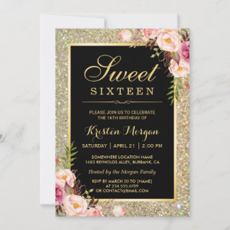 Classy Gold Glitzer Blumensaft 16 Geburtstagsparty Einladung