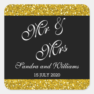 Classy Gold Glitzer und Black Mr & Mrs. Wedding Quadratischer Aufkleber
