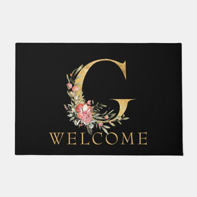 Classy Gold Monogram G mit Pink Florals Doormat Fußmatte (Vorderseite)