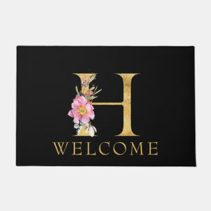 Classy Gold Monogram H mit Pink Florals Doormat Fußmatte