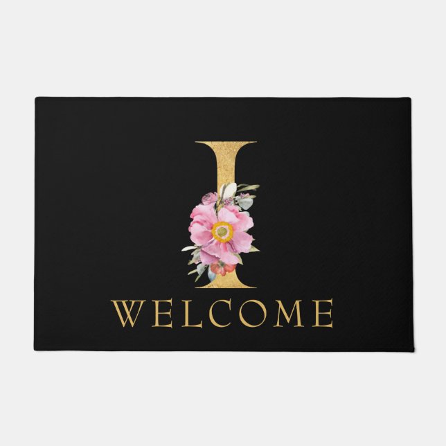 Classy Gold Monogram i mit Pink Florals Doormat Fußmatte (Vorderseite)