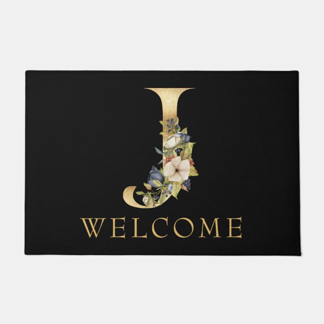 Classy Gold Monogram J mit floraler Anordnung Fußmatte (Vorderseite)