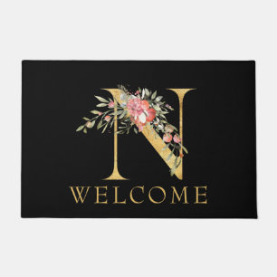 Classy Gold Monogram N mit Pink Florals Doormat Fußmatte