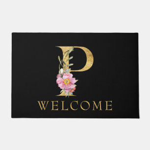 Classy Gold Monogram P mit Pink Florals Doormat Fußmatte