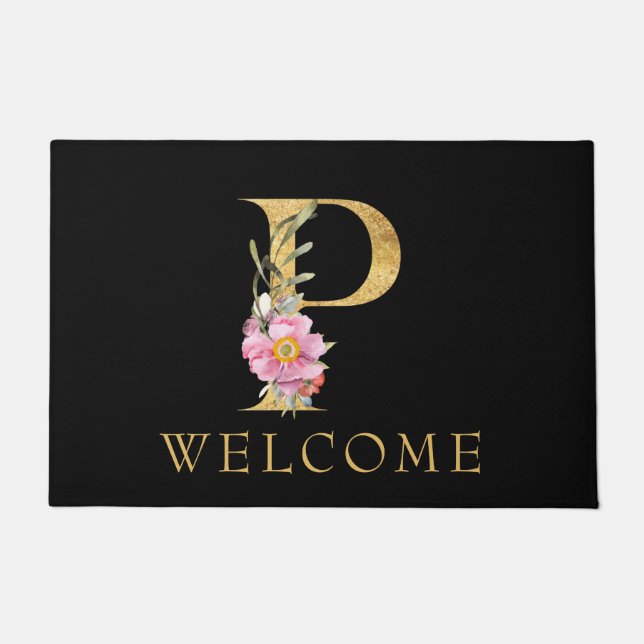 Classy Gold Monogram P mit Pink Florals Doormat Fußmatte (Vorderseite)