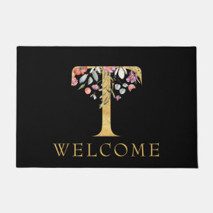 Classy Gold Monogram T mit Pink Florals Doormat Fußmatte