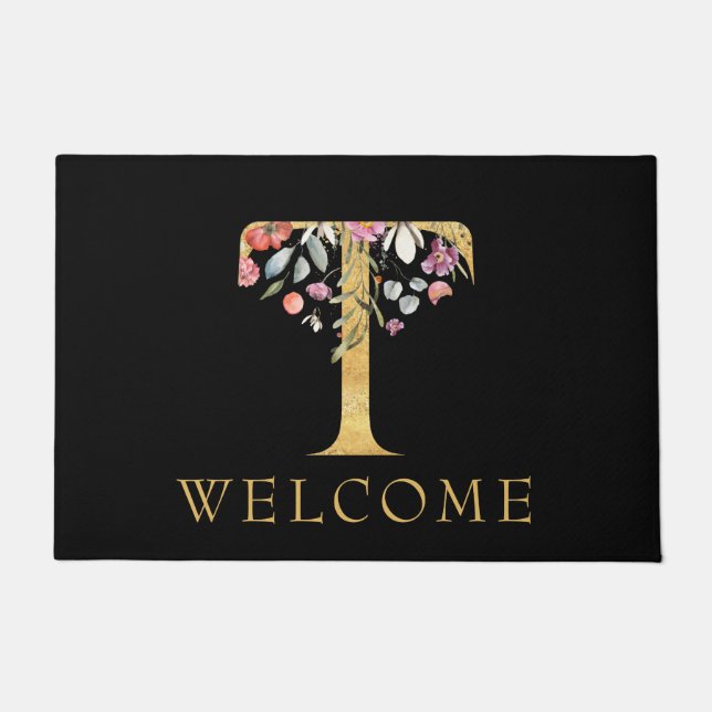 Classy Gold Monogram T mit Pink Florals Doormat Fußmatte (Vorderseite)