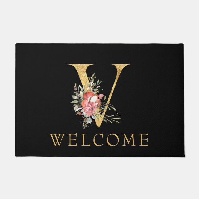 Classy Gold Monogram V mit Pink Florals Doormat Fußmatte (Vorderseite)