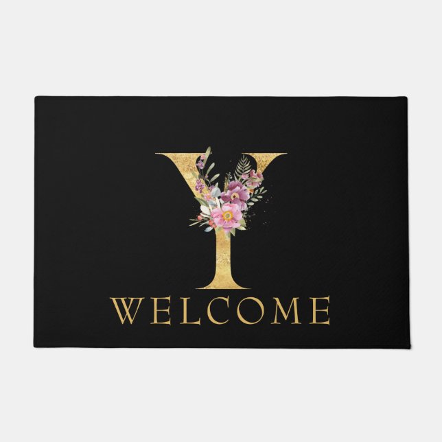 Classy Gold Monogram Y mit Pink Florals Doormat Fußmatte (Vorderseite)