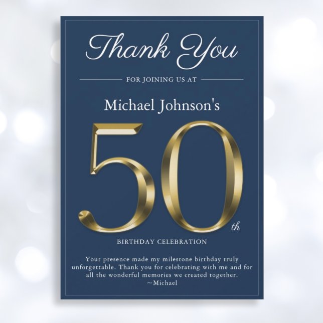 Classy Gold Navy Blue 50. Geburtstag Danke Karte (Mockup View)