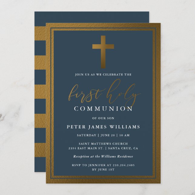 Classy Gold & Navy Blue First Heilige Kommunion Einladung (Vorne/Hinten)