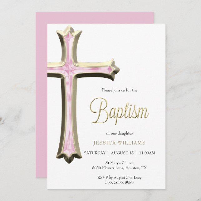 Classy Gold & Pink Cross Taufe Einladung (Vorne/Hinten)