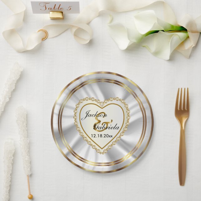Classy Gold & Satin Weiße Hochzeit oder Jubiläum Pappteller (Hochzeit)