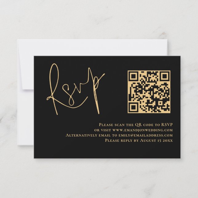 Classy Gold Script Black QR Code Wedding RSVP (Vorderseite)