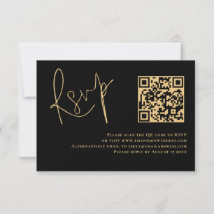 Classy Gold Script Black QR Code Wedding RSVP Karte