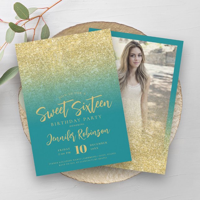 Classy Gold Turquoise Glitzer Foto Sweet 16 Einladung (Classy Gold Turquoise Glitter Photo Sweet 16 Invitation)