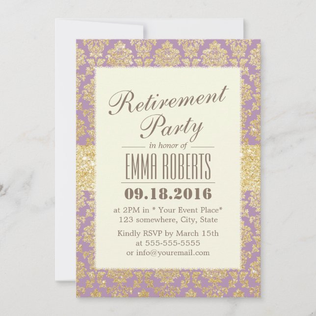 Classy Gold & Violet Damask Rentirement Einladung (Vorderseite)