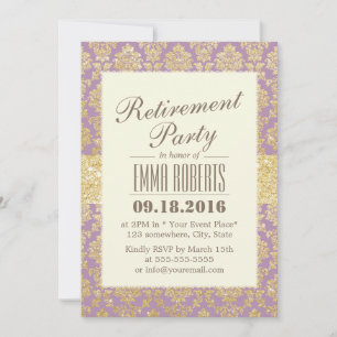 Classy Gold & Violet Damask Rentirement Einladung