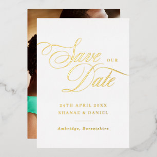 Classy Gold & White Script Foto Save the Date Folieneinladung