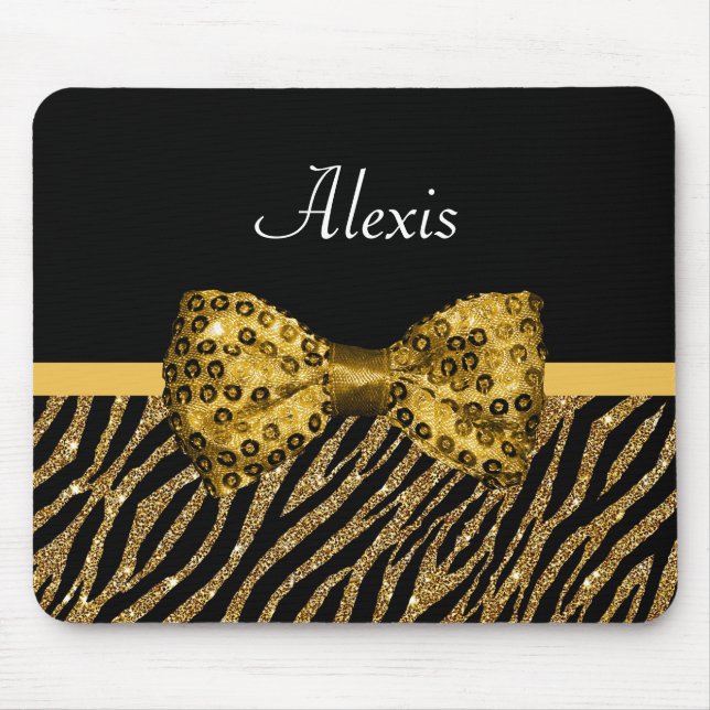 Classy Gold Zebra Print IMITATE Glitz Bow mit Name Mousepad (Vorne)