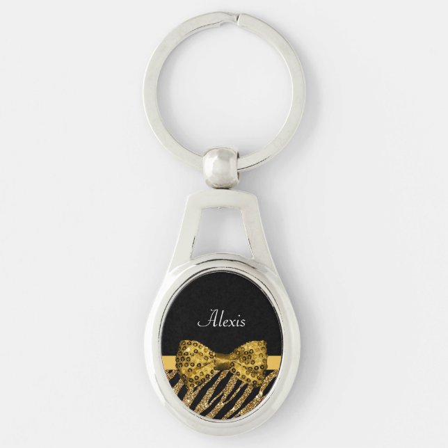 Classy Gold Zebra Print IMITATE Glitz Bow mit Name Schlüsselanhänger (Vorderseite)