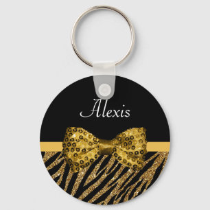 Classy Gold Zebra Print IMITATE Glitz Bow mit Name Schlüsselanhänger