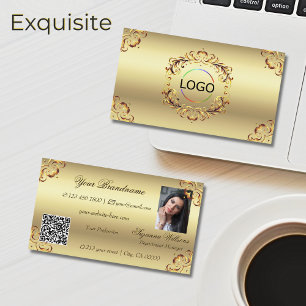 Classy Golden Verziert Decoder Logo Foto und QR Co Visitenkarte