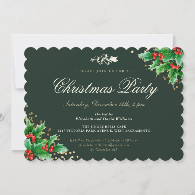 Classy Green Holly Berries Weihnachts-Party Einladung (Vorderseite)