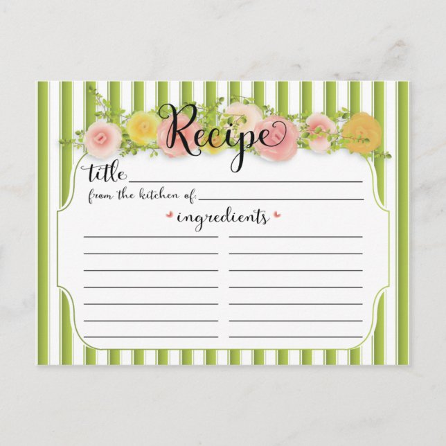 Classy Green Stripes mit Rose Rezept Card Postkarte (Vorderseite)