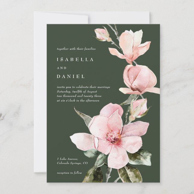 Classy Green Watercolor Magnolia Wedding Einladung (Vorderseite)
