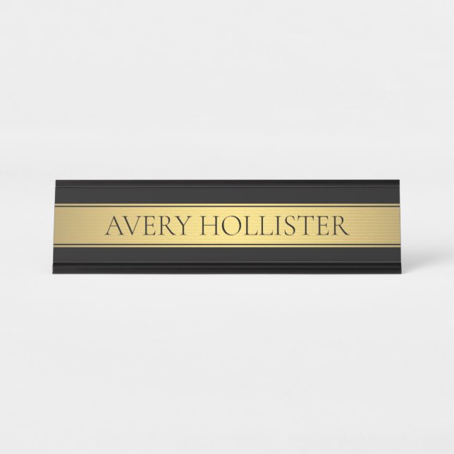 Classy Imitate Gold Streifen & Black Background od Schreibtischnamensplakette (Vorderseite )