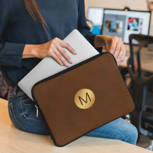 Classy Imitats Brown Leather & Gold Erstname Laptopschutzhülle