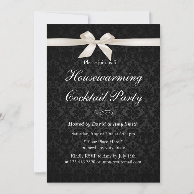 Classy Ivory Ribbon Dark Damask Housewarming Party Einladung (Vorderseite)