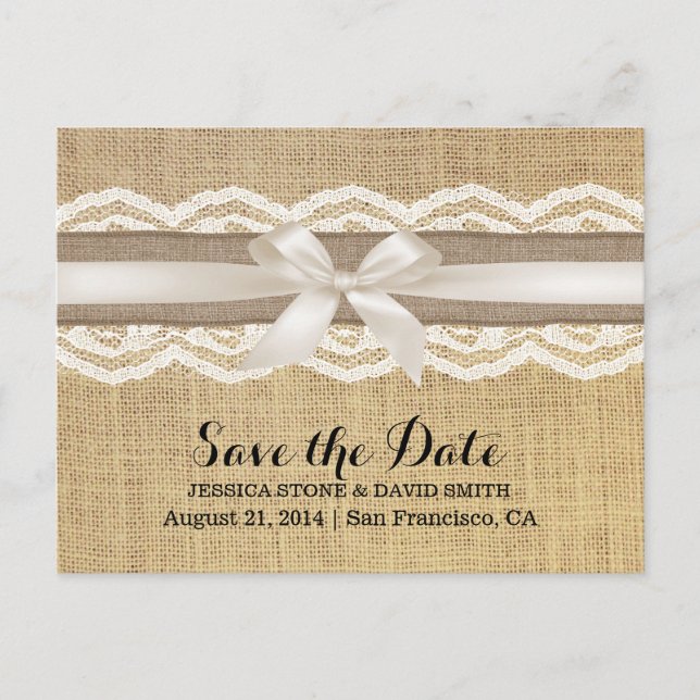 Classy Ivory Ribbon Lace & Burlap Save the Date Ankündigungspostkarte (Vorderseite)