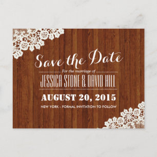 Classy Lace Corner Wood Hintergrund Save the Date Ankündigungspostkarte