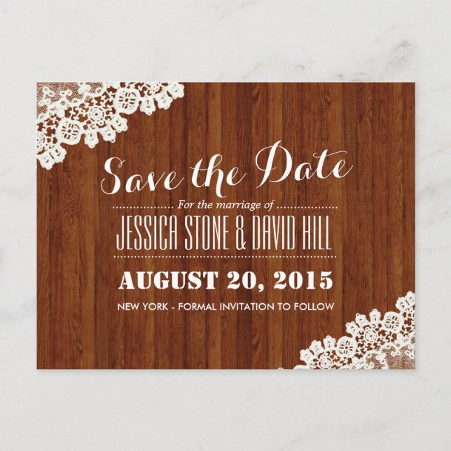 Classy Lace Corner Wood Hintergrund Save the Date Ankündigungspostkarte (Vorderseite)