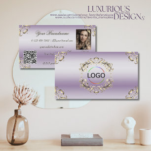 Classy Lavender Gold Verziert-Logo-Foto und QR-Cod Visitenkarte
