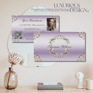 Classy Lavender Gold Verziert mit Foto- und QR-Cod Visitenkarte