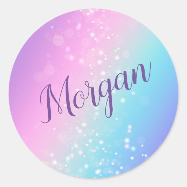 Classy Lila & Blue Bokeh Star, Name oder Monogramm Runder Aufkleber (Vorderseite)