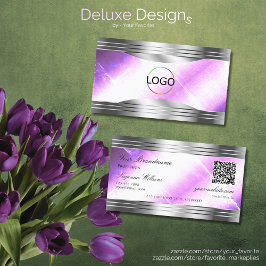 Classy Lilac Silver Shimmer Borders Logo QR Code Visitenkarte