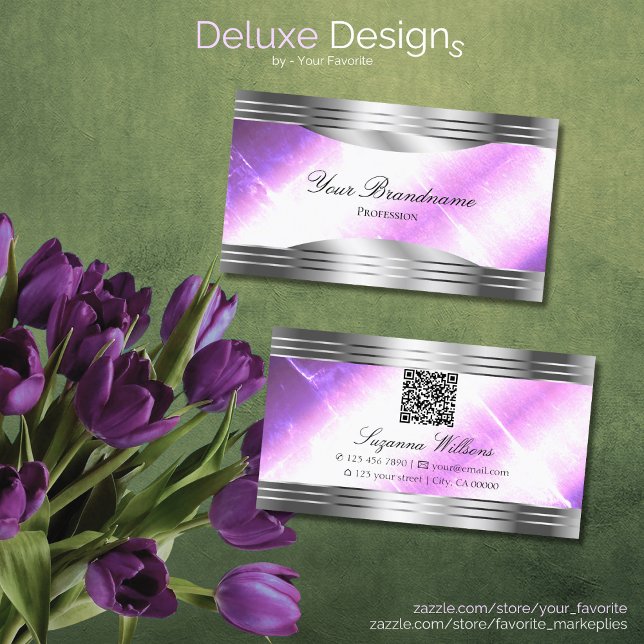 Classy Lilac Silver Shimmer Grenzen mit QR Code Visitenkarte (Von Creator hochgeladen)