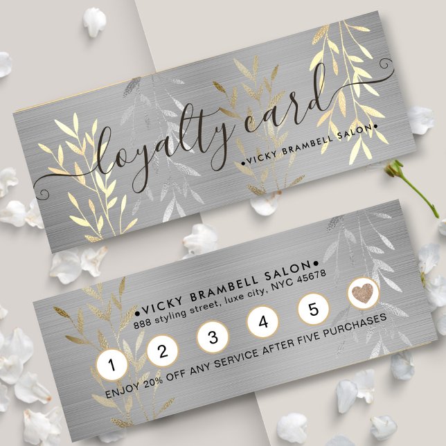 Classy Lux Imitats Gold & Silber Blätter Salon Pun Treuekarte (Classy Luxury Gold & Silver Leaves Salon Punch Loyalty Card)