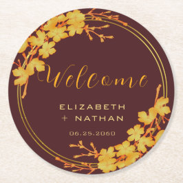 Classy Luxury Burgundy Gold Floral Wedding Willkom Runder Pappuntersetzer