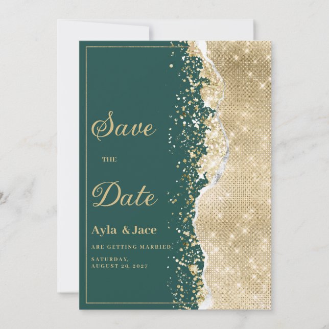 Classy luxury green gold glitter Save the Date  Einladung (Vorderseite)
