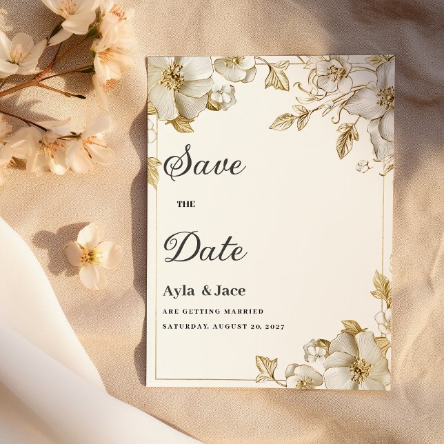 Classy luxury white and gold floral Save the Date Einladung (Classy luxury white and gold floral Save the Date)