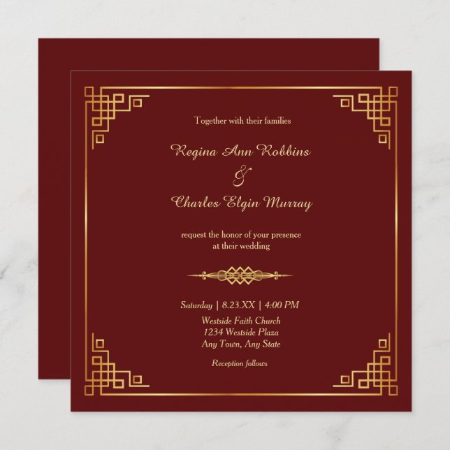 Classy Maroon Red Gold Rahmen Hochzeitseinladung Einladung (Vorne/Hinten)