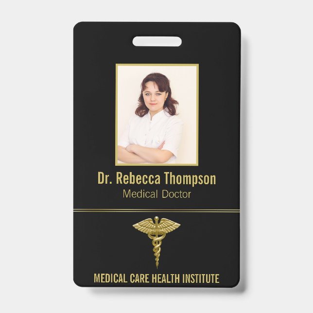 Classy Medical Gold Caduceus auf Black Foto ID Ausweis (Vorderseite)