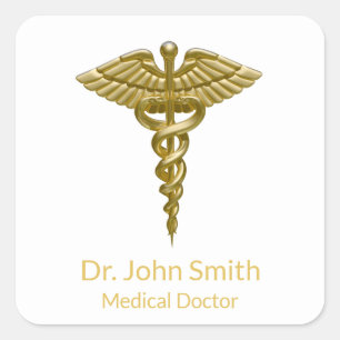 Classy Medical Gold Caduceus auf Weiß Quadratischer Aufkleber