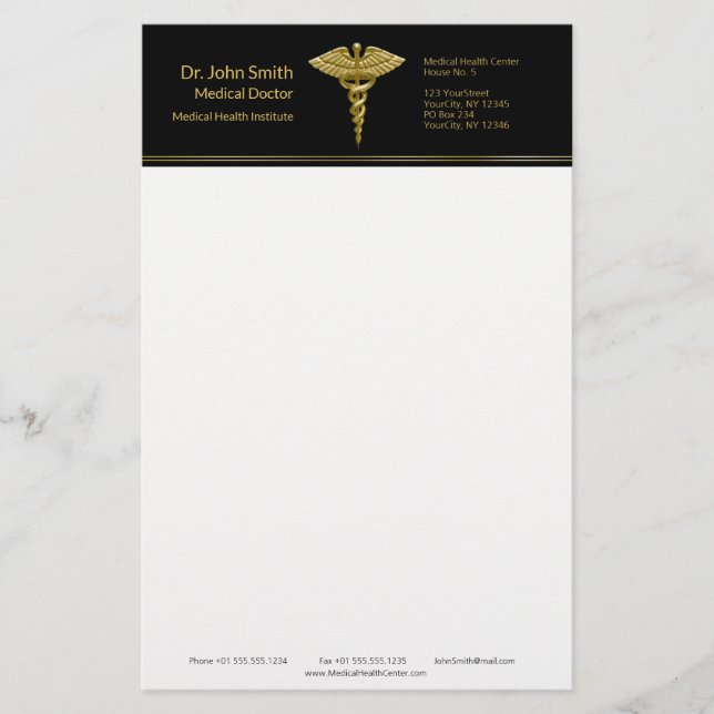 Classy Medical Gold Caduceus on Black - Stationery Briefpapier (Vorderseite)
