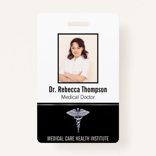 Classy Medical Silver Caduceus auf Black Foto ID Ausweis (Vorderseite)